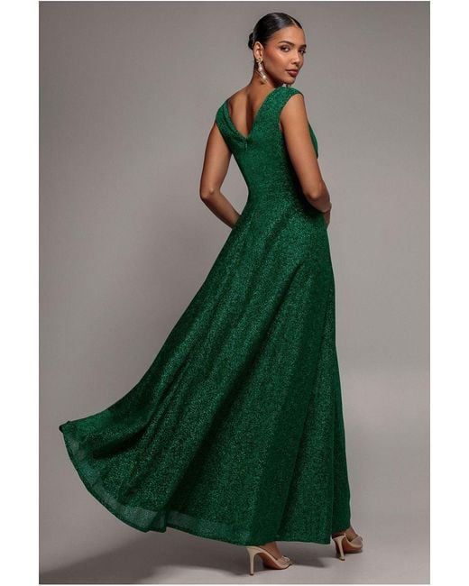 Goddiva Green Crossover Lurex Glitter Maxi Dress