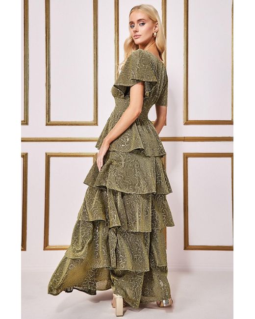 Goddiva Sequin Lurex Tiered Maxi Dress in Natural Lyst
