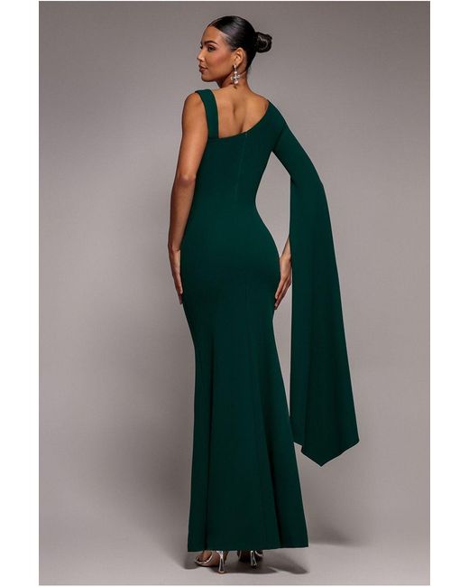 Goddiva Green One Shoulder Cape Sleeve Maxi Dress
