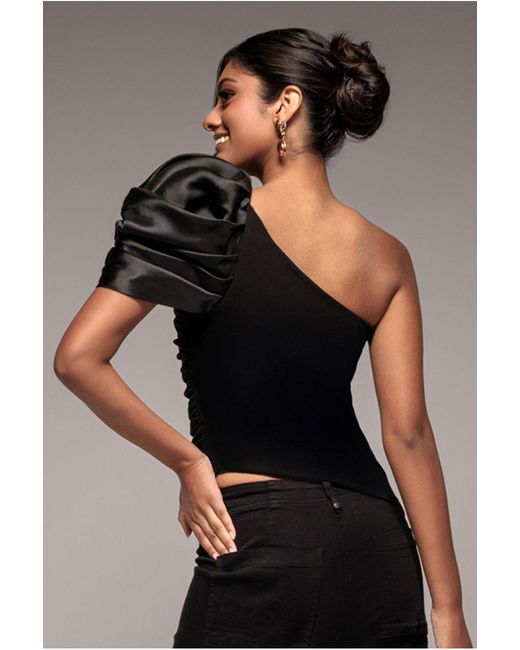 Goddiva Gray One Shoulder Puffed Satin Sleeve Asymmetric Scuba Top