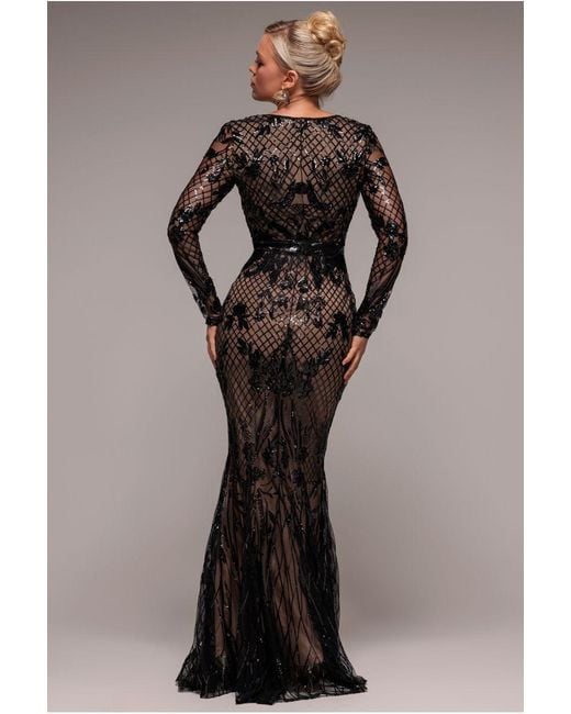 Goddiva Black Full Sleeve Sequin Evening Dress