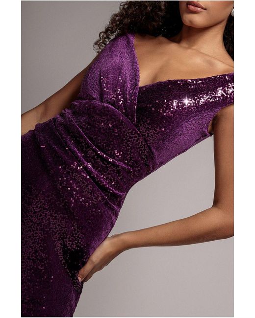 Goddiva Purple Sequin Velvet Bardot Jumpsuit
