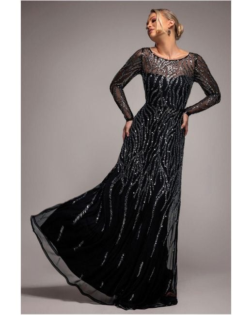 Goddiva Black Ombre Sequin Beaded Flared Long Sleeve Maxi Dress