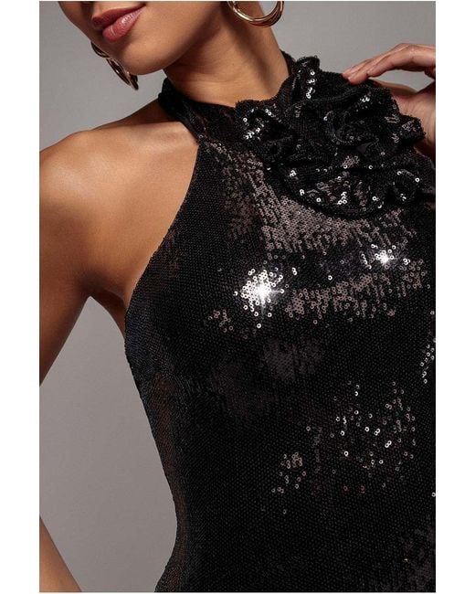 Goddiva Black Liquid Sequin Halterneck Mini Dress With Corsage