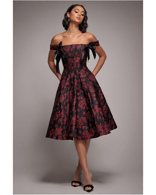 Goddiva Brown Jacquard Multiway Bow Strap Skater Midi Dress