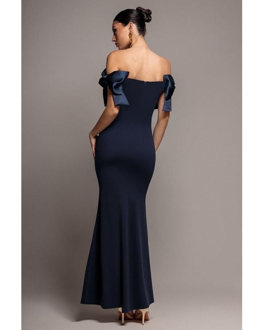 Goddiva Blue Satin Bow Bardot Sheath Maxi Dress