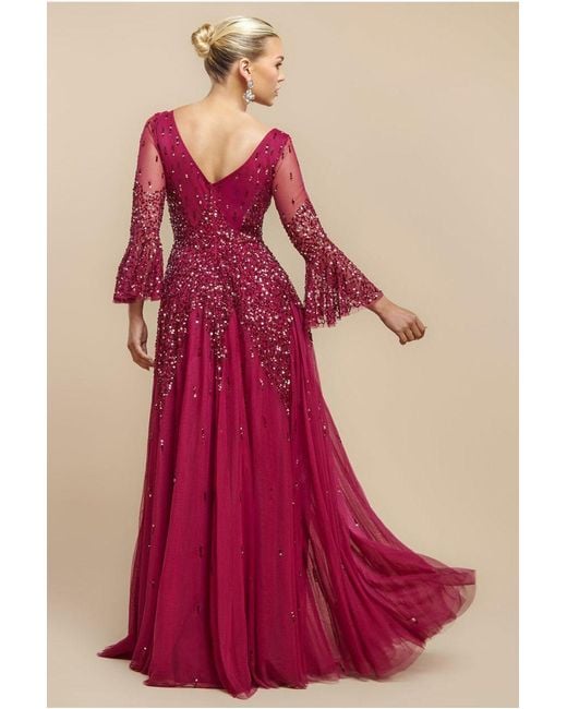 Goddiva Red Sunray Hand Embellished Sequin A-Line Bell Sleeve Maxi Dress