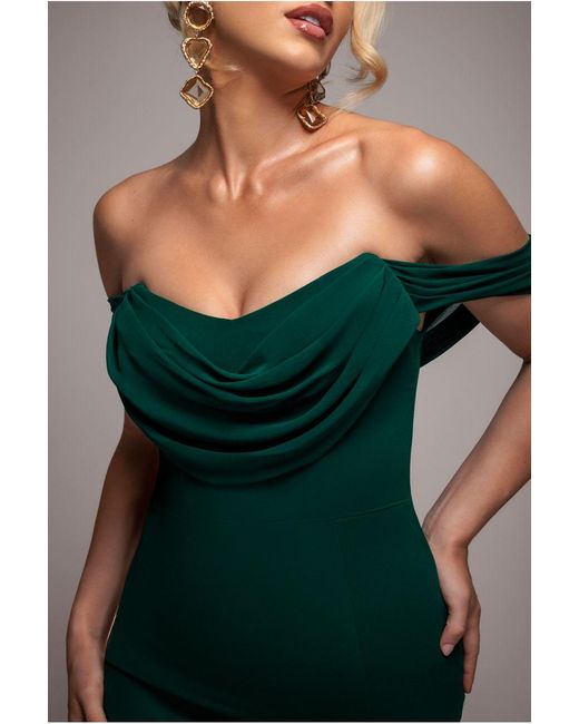 Goddiva Green Chiffon Bardot Cowl Neck Maxi Dress