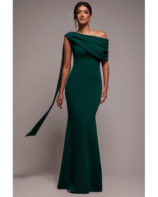 Goddiva Women's Green Sash One Shoulder Bardot Maxi Dress