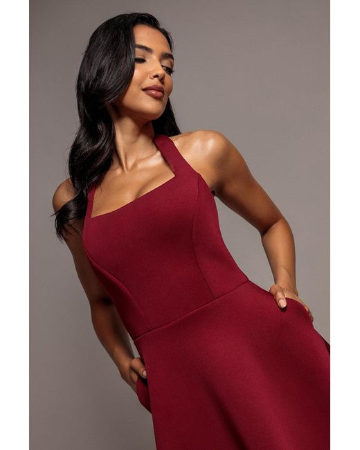 Goddiva Red Contrast Organza Frill Bow Back Halter Midi Dress