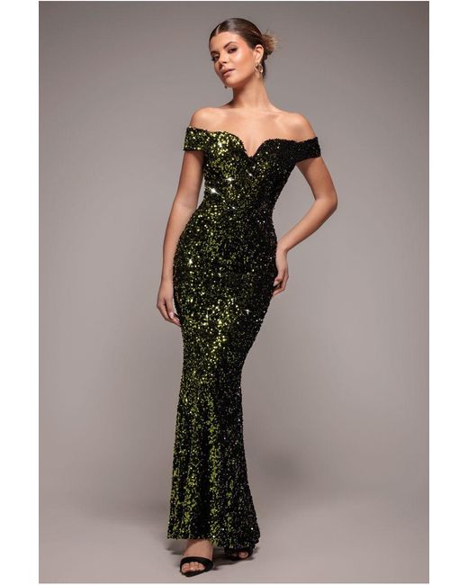 Goddiva Sequin Velvet Bardot Evening Maxi Dress in Green | Lyst UK Goddiva Sequin Velvet Bardot Evening Maxi Dress in Green | Lyst UK