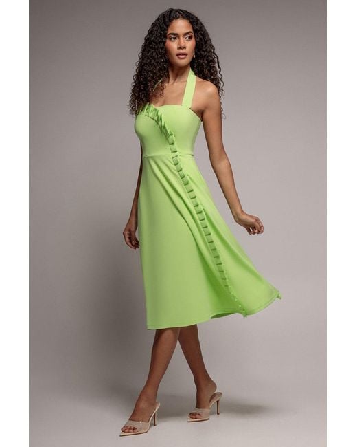 Goddiva Green Frilled Halter Neck Strap Midi Dress