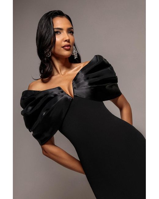 Goddiva Black Satin Plunge Neck Bardot Scuba Maxi Dress