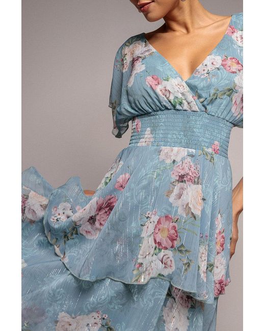 Goddiva Gray Layered Floral Midi With Flutter Sleeves