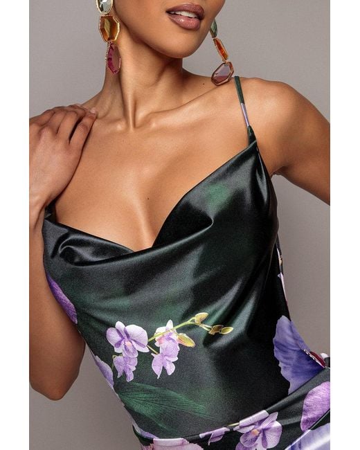 Goddiva Multicolor Floral Print Satin Cowl Neck Maxi Dress