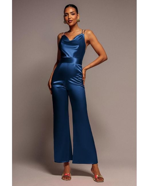 Goddiva Blue Satin Cowl Neck Romper