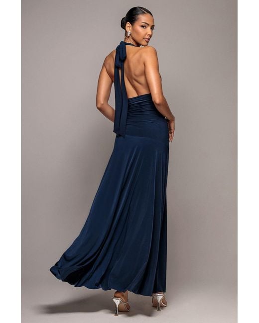 Goddiva Blue Halter Neck Empire Waist Gathered Maxi Dress