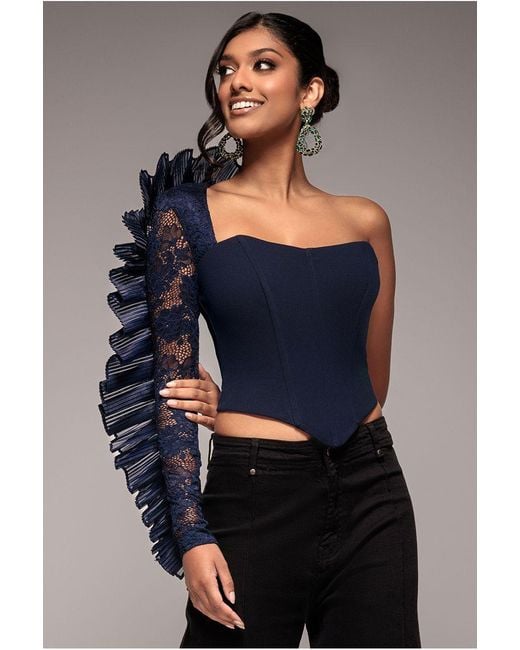 Goddiva Blue One Shoulder Fan Pleat Frill Corset Top