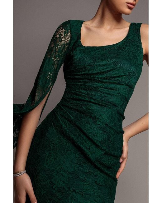 Goddiva Green One Shoulder Cape Sleeve Pleated Lace Maxi Dress