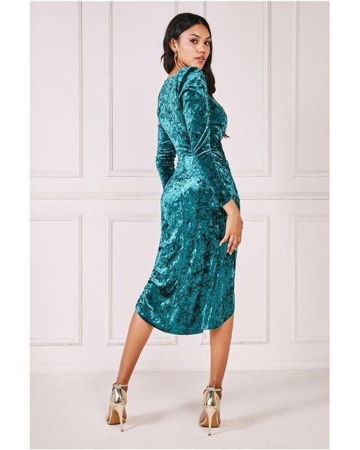 Goddiva Blue Flared Hem Ice Velvet Midi