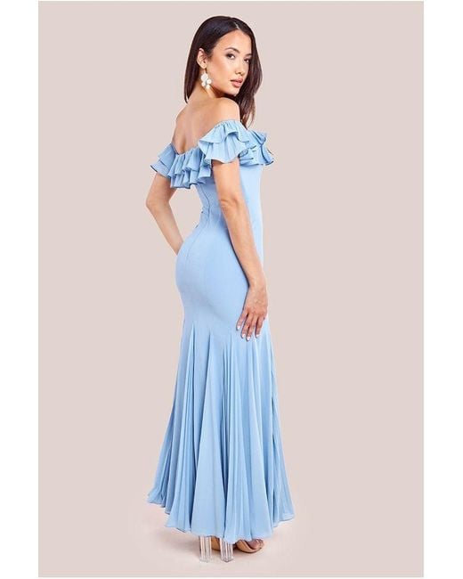 Goddiva Blue Frilled Off The Shoulder Pleated Chiffon Maxi Dress
