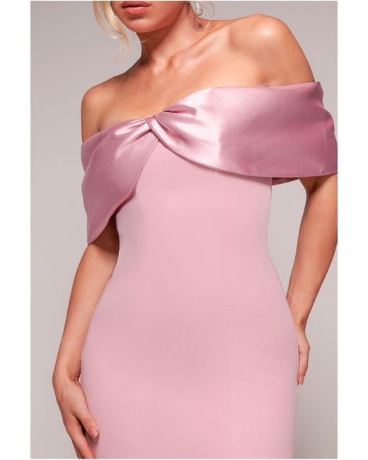 Goddiva Pink Twist Knot Satin & Scuba Bardot High Low Midi Dress