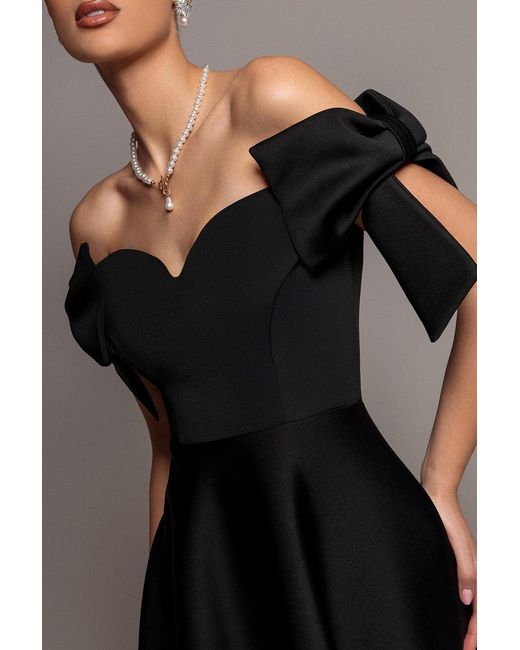 Goddiva Gray Bardot Plunge Neck Bow Sleeve A Line Midi Dress