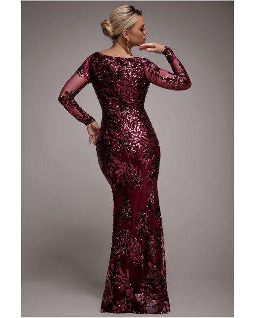 Goddiva Purple Sequin Leaf Long Sleeve Maxi Dress