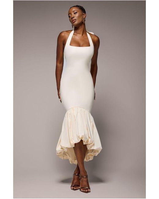 Goddiva Natural Halter Neck Puff Hem Mermaid Midaxi Dress