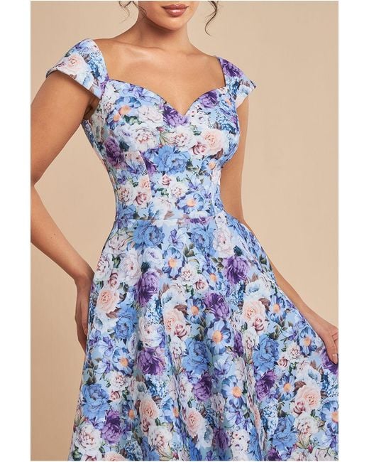 Goddiva Blue Floral Print A-Line Sweetheart Midi Dress