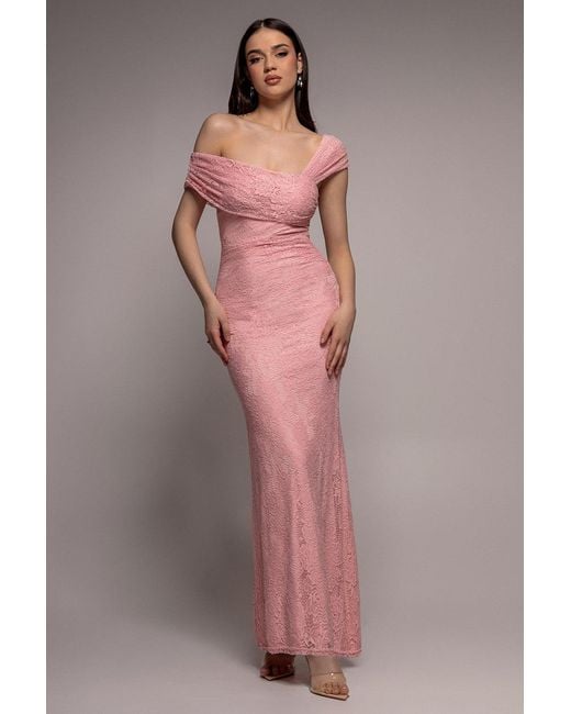 Goddiva Pink One Shoulder Pleated Bardot Lace Maxi Dress