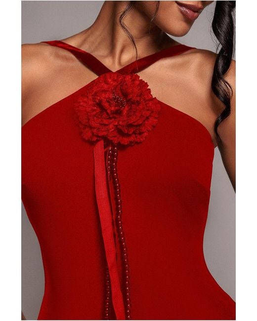 Goddiva Red Racer Neck Corsage Scuba Maxi