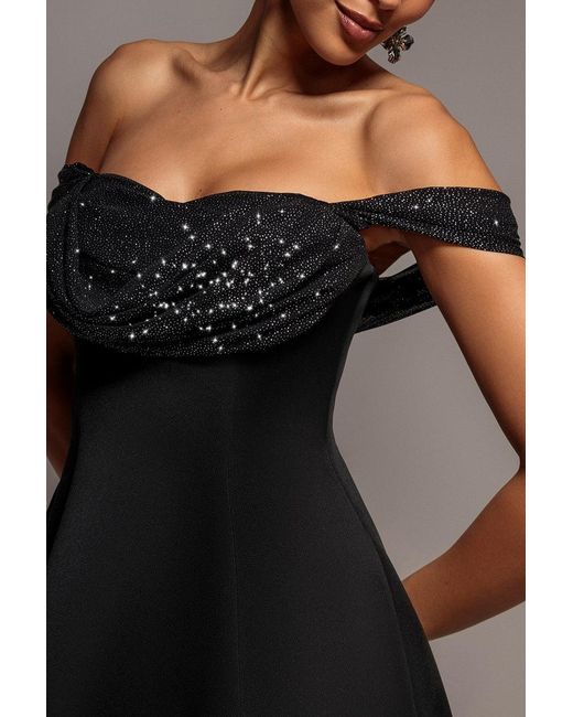 Goddiva Blue Sparkle Chiffon Cowl Bardot Skater Midi Dress