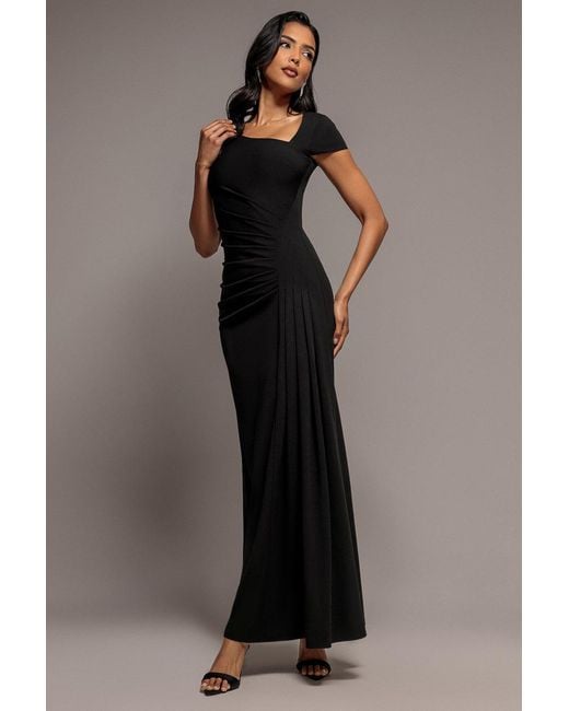 Goddiva Black Cap Sleeve Pleated Asymmetric Maxi Dress