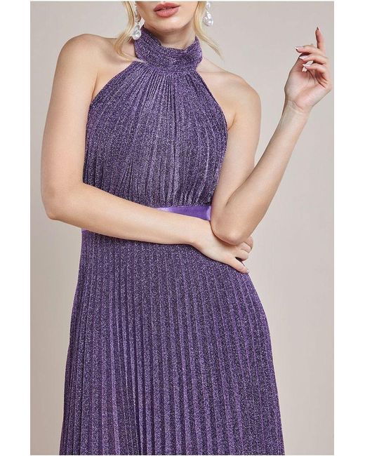 Goddiva Purple Lurex Halterneck Pleated Maxi Dress