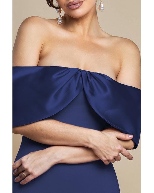 Goddiva Blue Twist Knot Satin & Scuba Bardot Maxi Dress