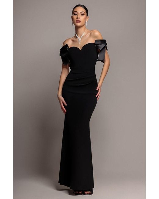 Goddiva Black Satin Bow Bardot Sheath Maxi Dress
