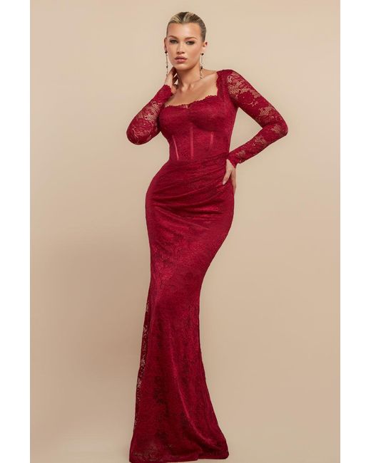 Goddiva Sleeveless Jacquard Lace Up Back Corset - Red