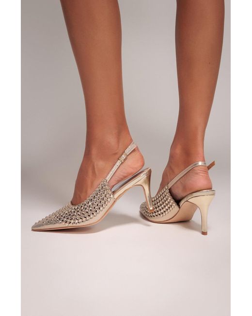 Goddiva Natural Pearl Embellished Slingback Heeled Court Shoes