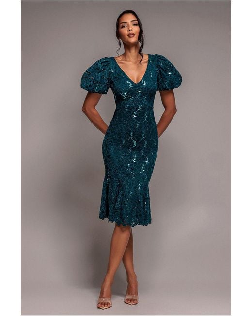 Goddiva Blue Sequin Lace Puff Sleeve Fit & Flare Midi Dress