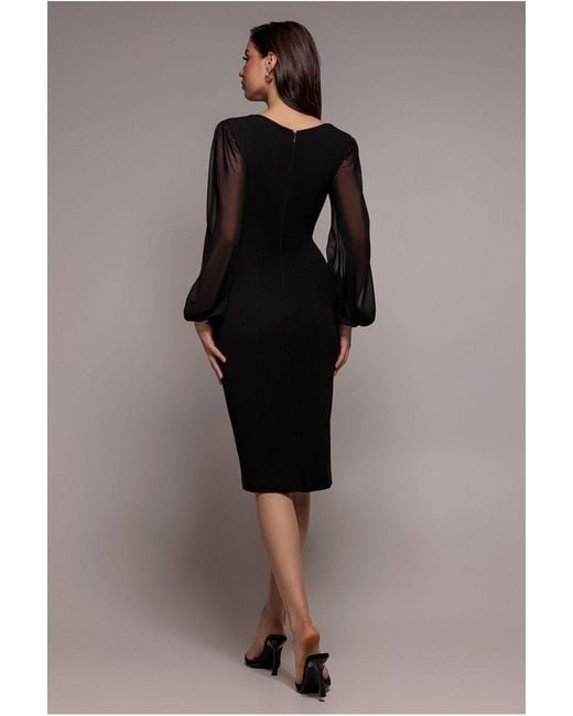 Goddiva Brown Scuba & Chiffon Balloon Sleeve Wrap Midi Dress