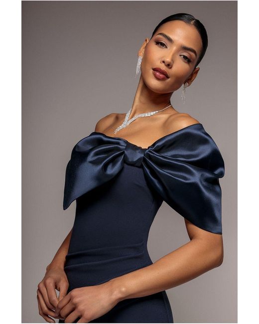 Goddiva Blue Off The Shoulder Satin Bow Neck Maxi Dress