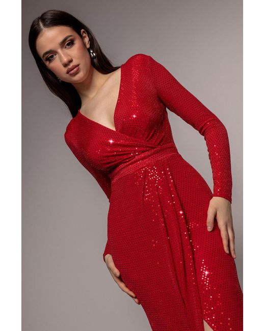 Goddiva Red Sequin Glitter Lurex Long Sleeve Wrap Maxi Dress