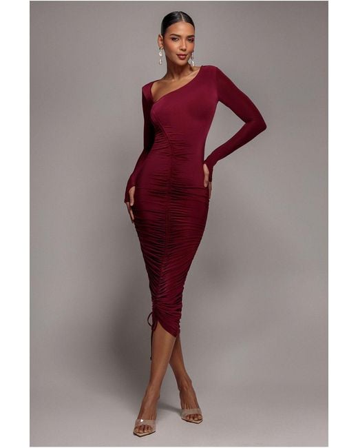 Goddiva Red Asymmetrical Neck Ruched Midi Dress