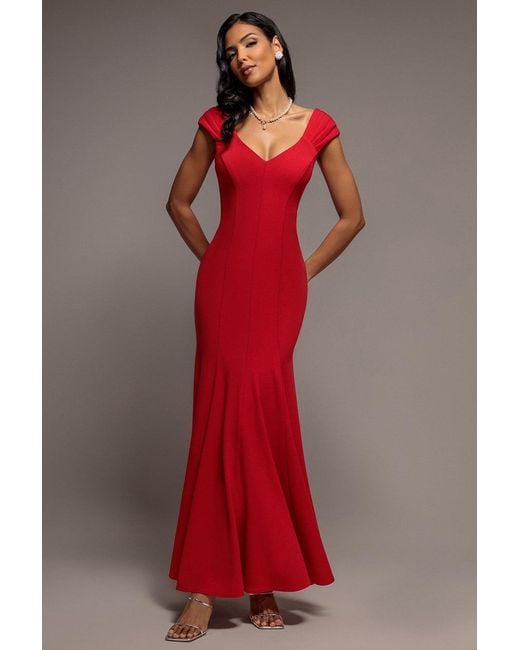 Goddiva Red Capped Sleeve V Neck Pleated Fit & Flare Maxi Dress