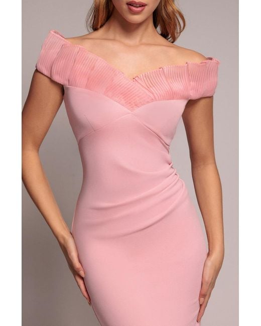 Goddiva Pink Fan Pleated Bardot Scuba Crepe Maxi Dress