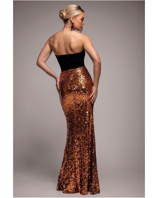 Goddiva Brown Scuba Crepe & Sequin Dipped Waist Strapless Maxi Dress