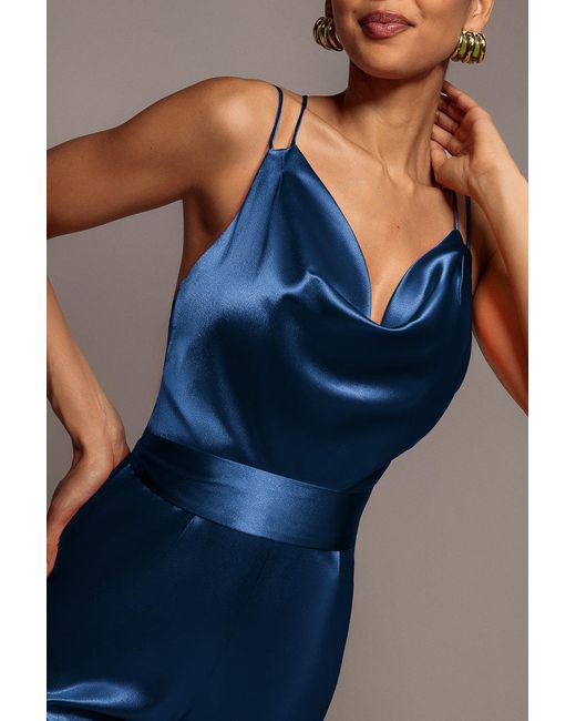 Goddiva Blue Satin Cowl Neck Romper