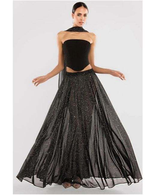 Goddiva Black Compact Crepe Lace Up Corset With Gathered A-Line Glitter Chiffon Maxi Skirt & Scarf