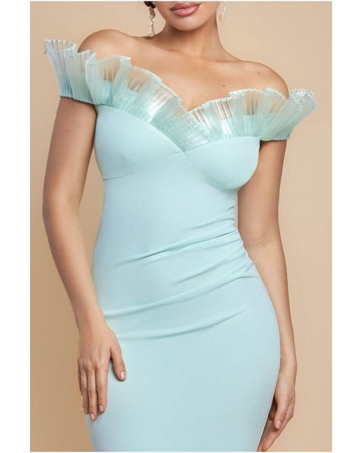 Goddiva Blue Fan Pleated Bardot Scuba Crepe Maxi Dress